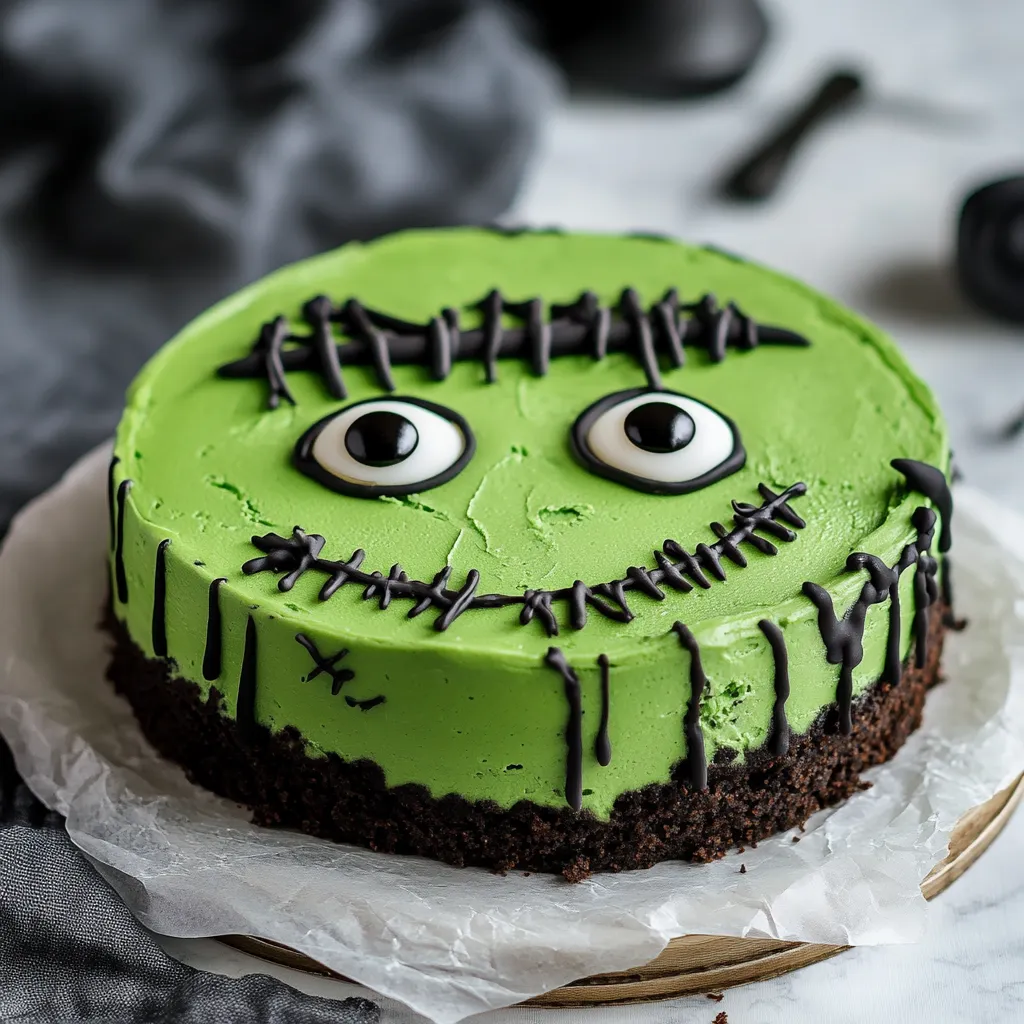 Spooky Frankenstein Monster Cheesecake with Green Vanilla Filling and Chocolate Cookie Crust - main view